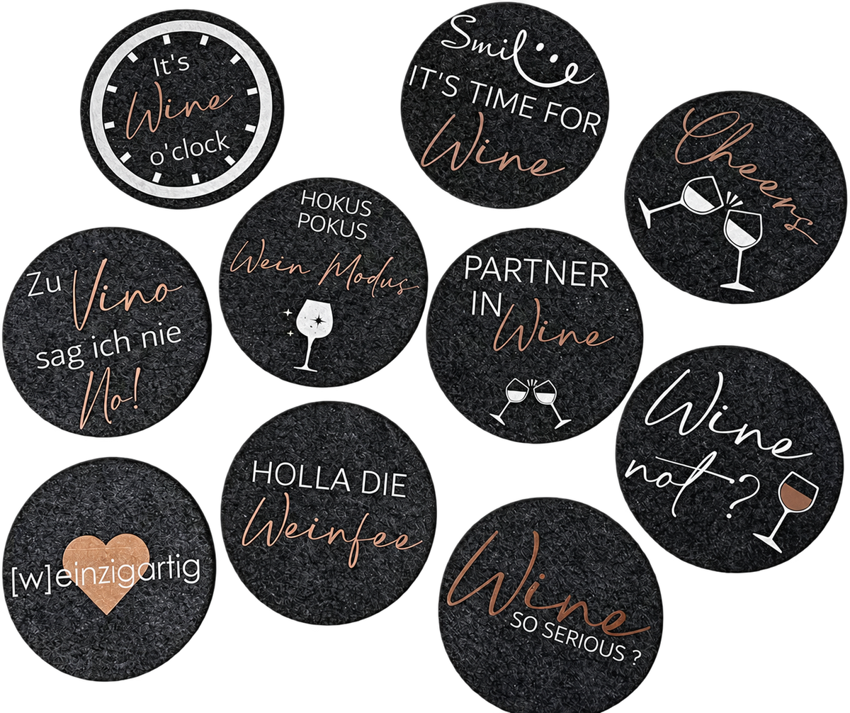 Pack of 10 felt coasters with wine sayings
