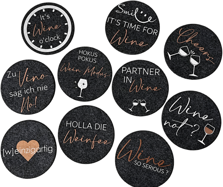 Pack of 10 felt coasters with wine sayings