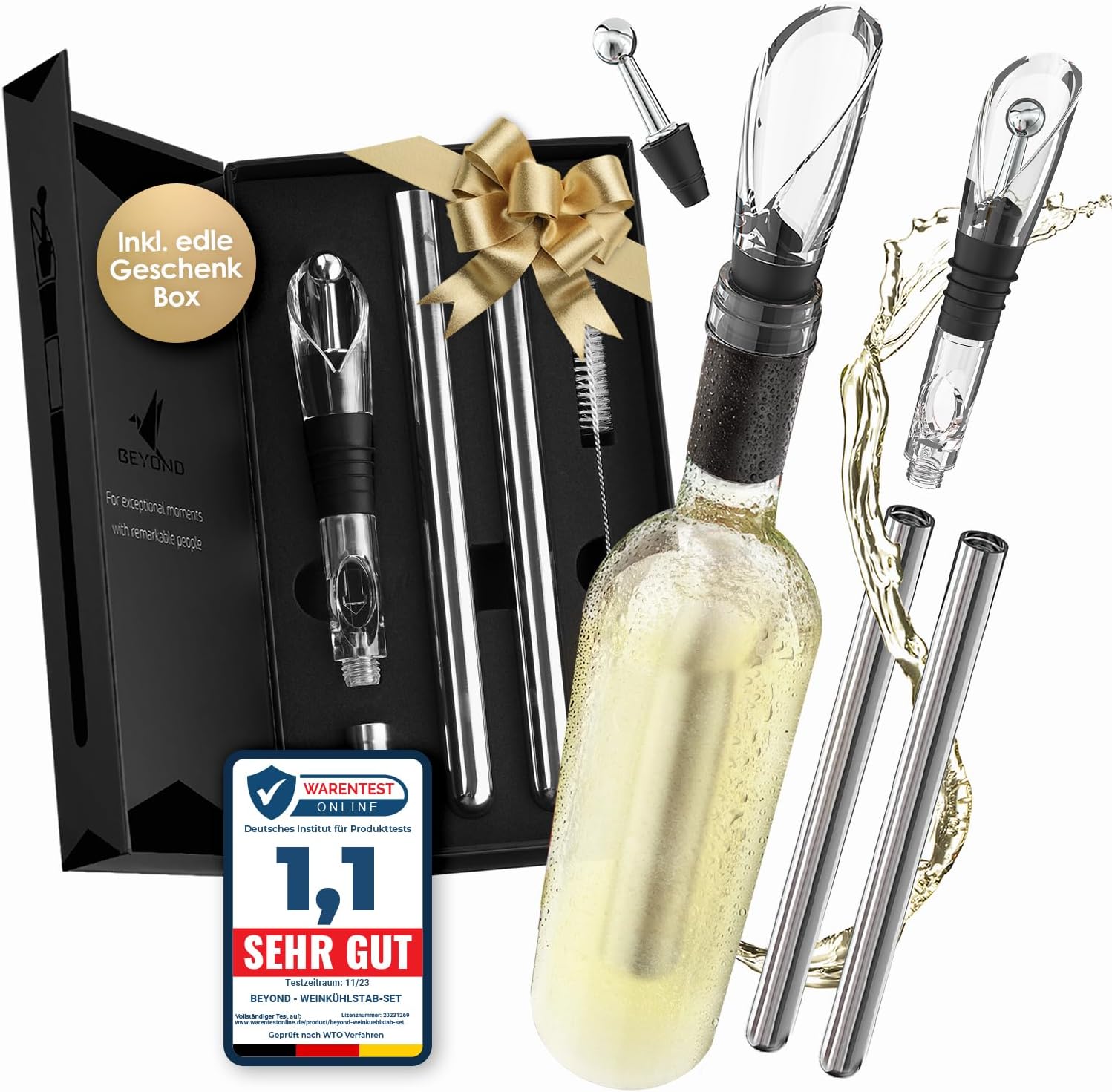 Beyond Wine Cooling Stick 6-teiliges Edelstahl-Geschenkset mit Ausschenker