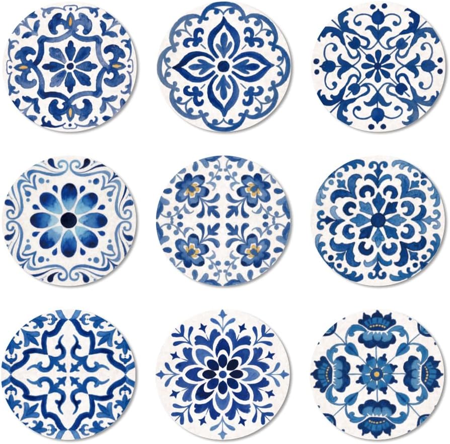 ANATTASOUL runde Holzuntersetzer, 9er-Pack, blaues spanisches Muster