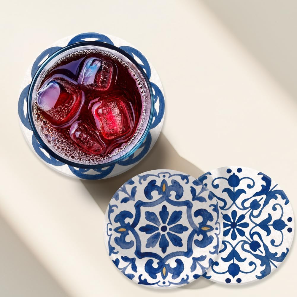 ANATTASOUL runde Holzuntersetzer, 9er-Pack, blaues spanisches Muster