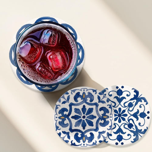 ANATTASOUL runde Holzuntersetzer, 9er-Pack, blaues spanisches Muster