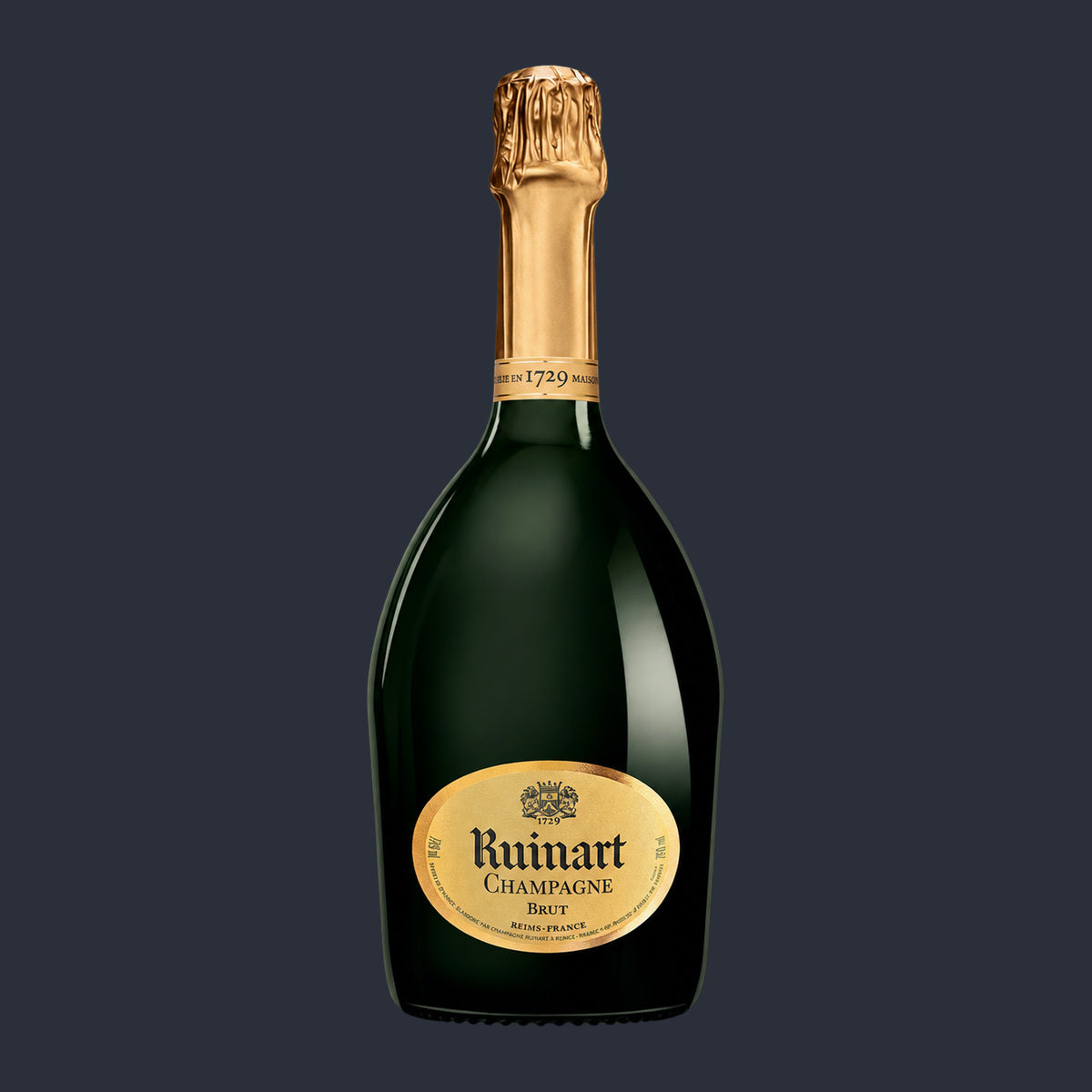 Ruinart Champagne Brut 0,75l – ganze Flasche auf Anthrazit